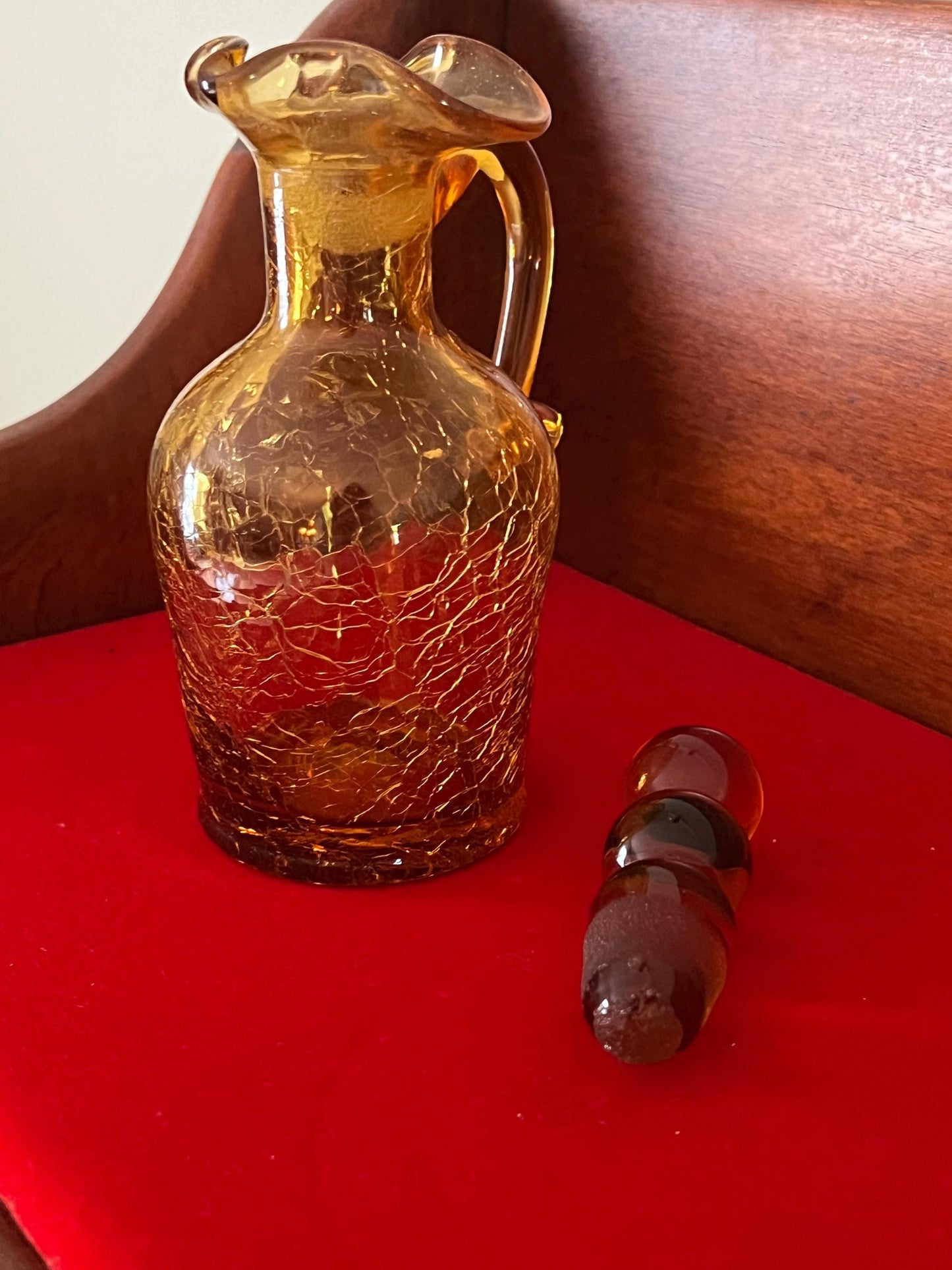 Vintage Amber Crackle Glass Cruet with Double Ball Stopper Mini Pitcher Art Amberina Art Glass Lover Antiques and Vintage