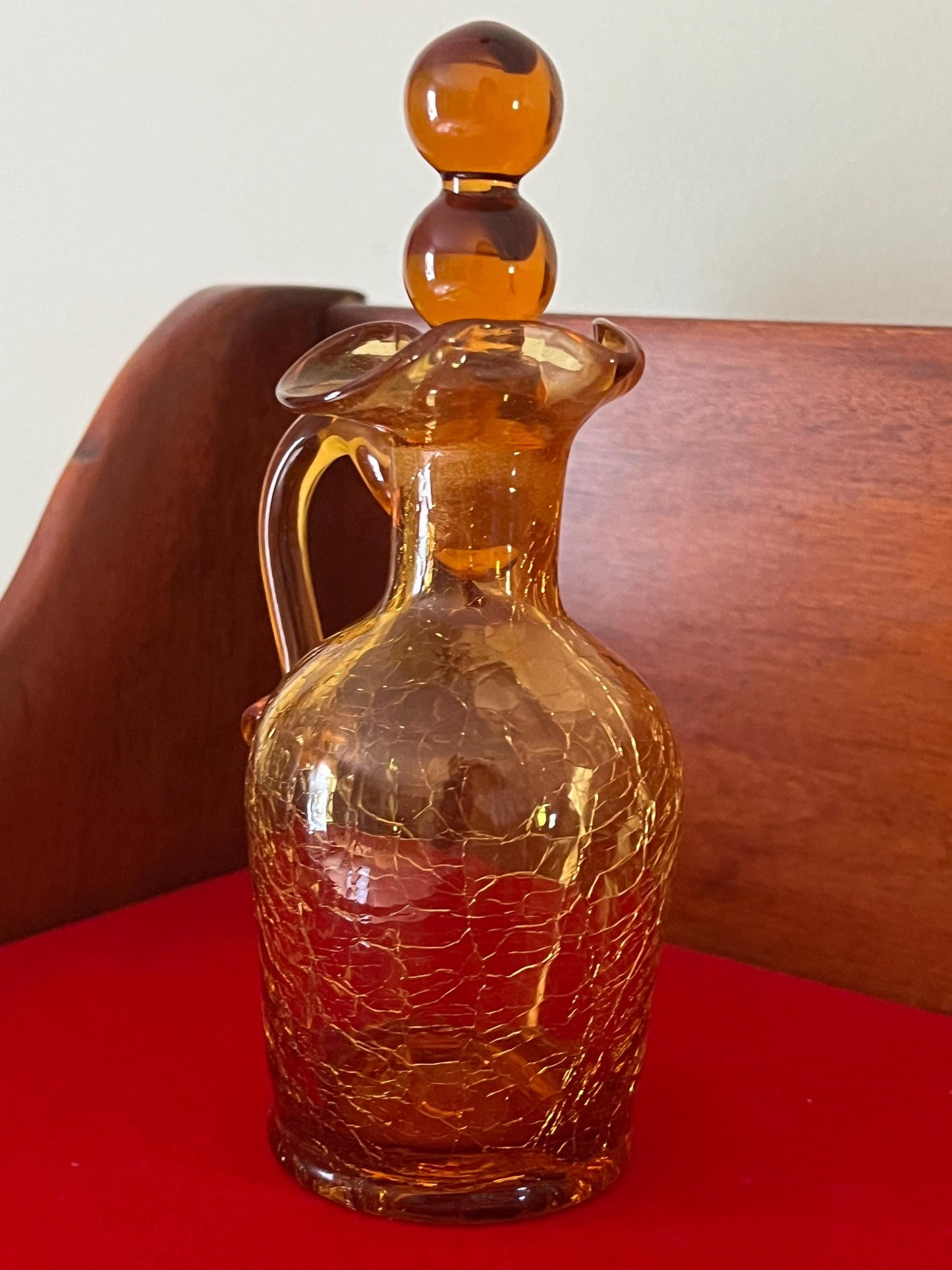 Vintage Amber Crackle Glass Cruet with Double Ball Stopper Mini Pitcher Art Amberina Art Glass Lover Antiques and Vintage