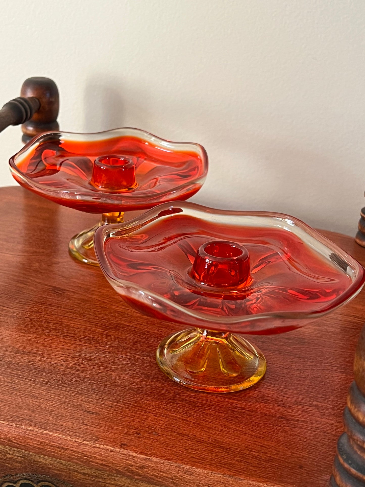 Vintage Viking Persimmon 6 Petal Amberina Pair of Candle Holders Pedestal Candlestick Holders Dish Lover Antiques and Vintage