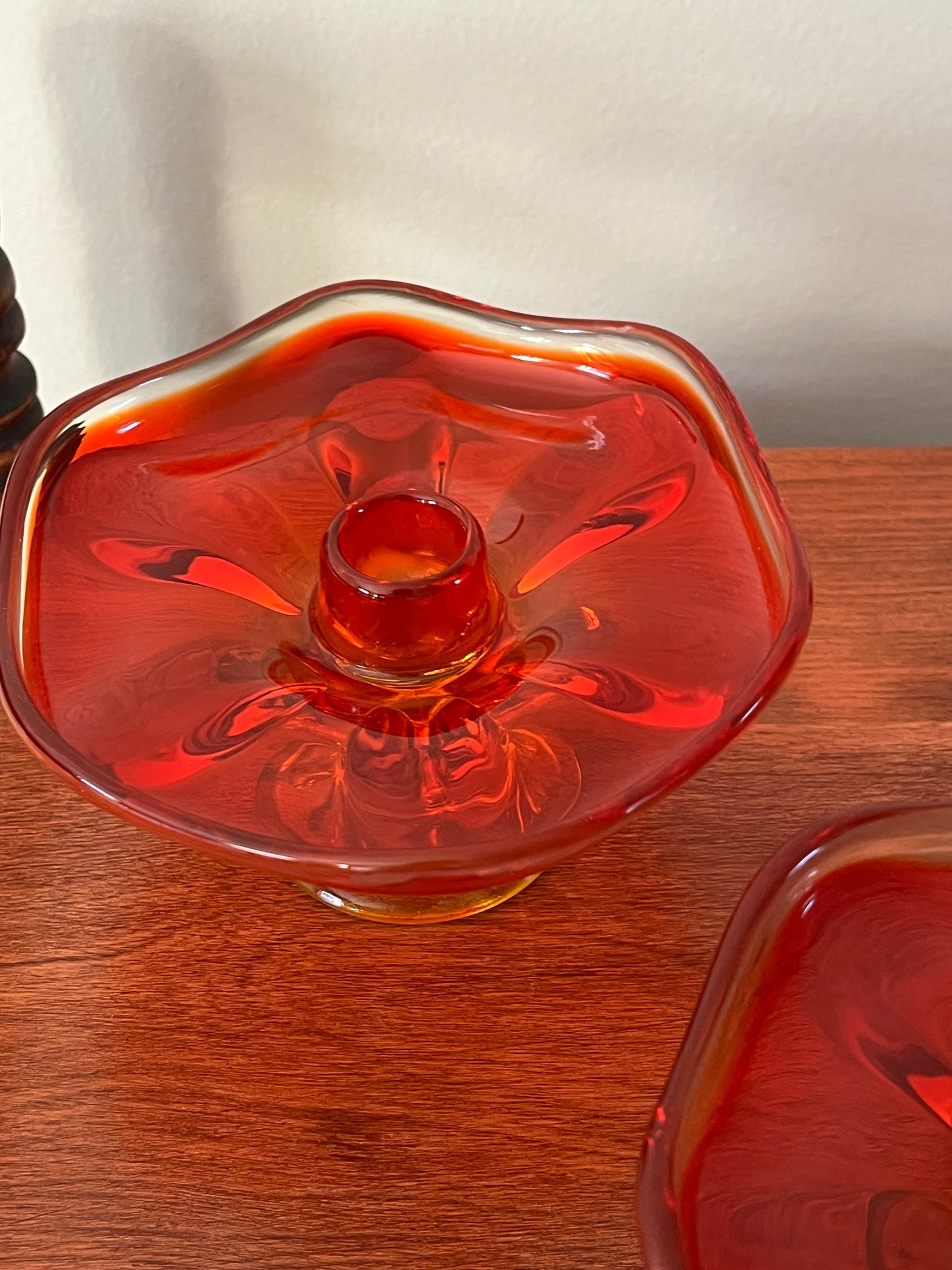 Vintage Viking Persimmon 6 Petal Amberina Pair of Candle Holders Pedestal Candlestick Holders Dish Lover Antiques and Vintage