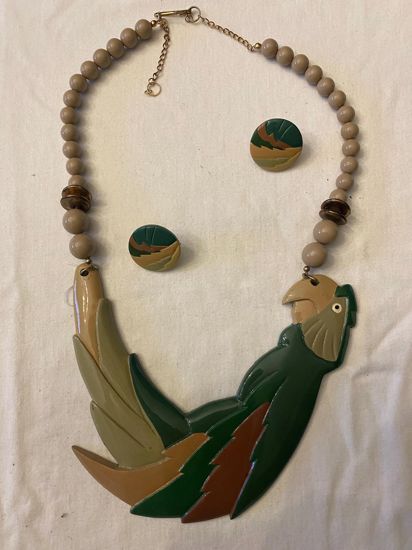 Vintage Parrot Figural BIB & Beaded Statement Resin Necklace and Matching Earrings Jewelry Unique Gifts Lover Antiques and Vintage