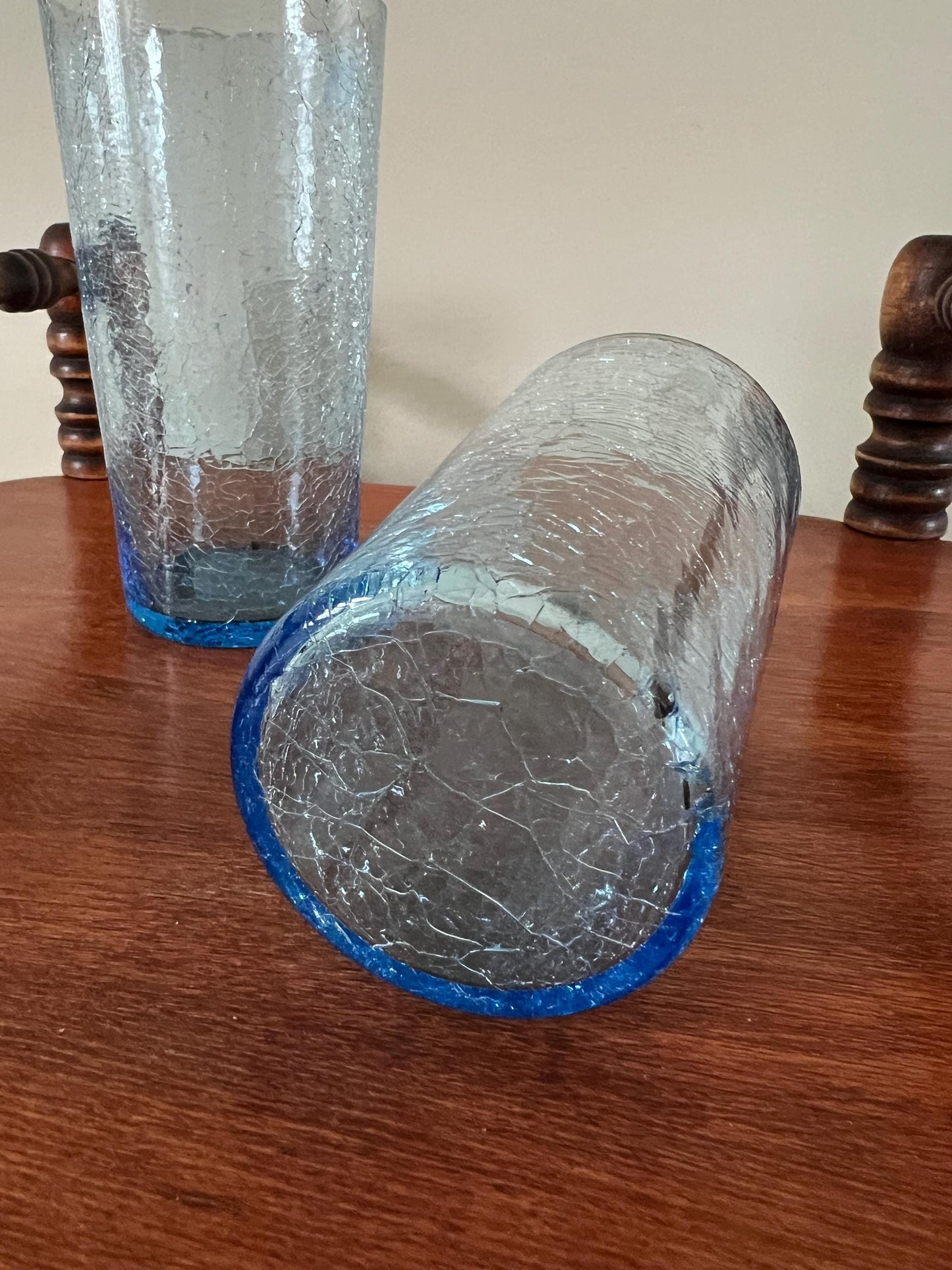 Vintage Blue Crackle Glass Cup Set of 2 Art Blue Art Glasses Tall Glasses Lover Antiques and Vintage