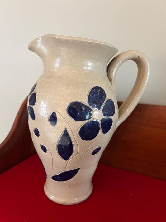 Vintage Williamsburg Pottery Salt Glazed Pitcher with Blue Floral