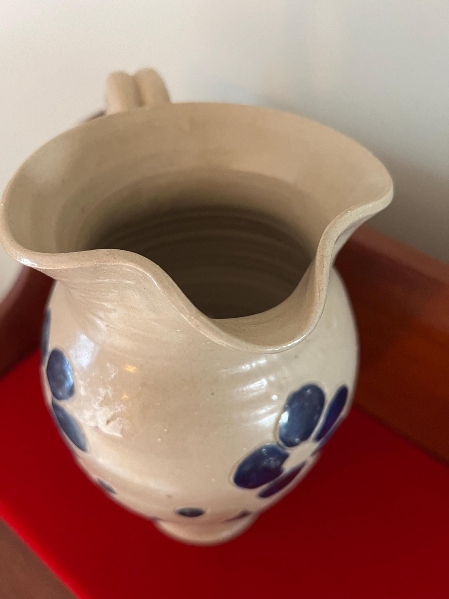 Vintage Williamsburg Pottery Pitcher with Cobalt Blue Flower Design Lover Antiques and Vintage