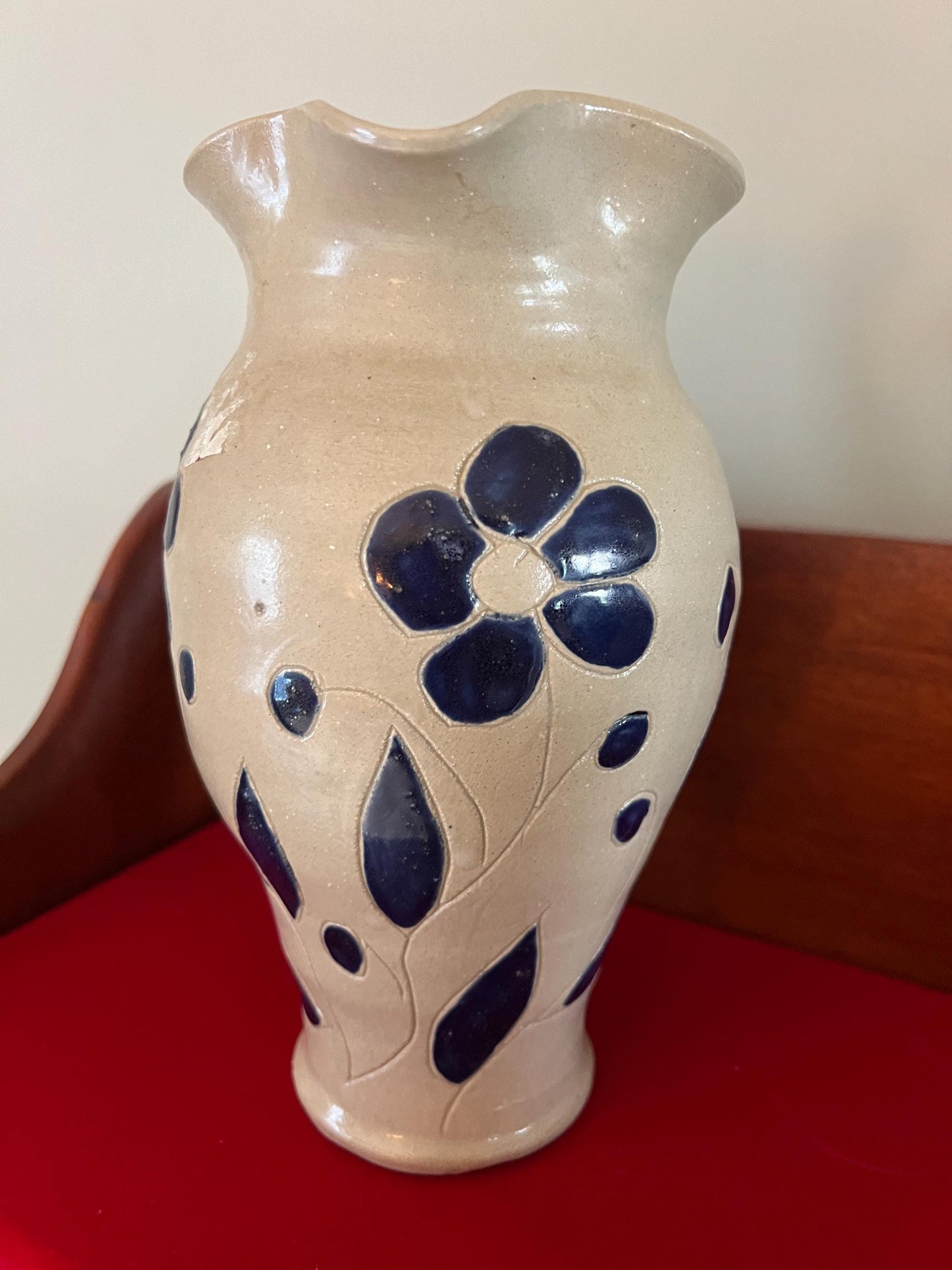 Vintage Williamsburg Pottery Pitcher with Cobalt Blue Flower Design Lover Antiques and Vintage