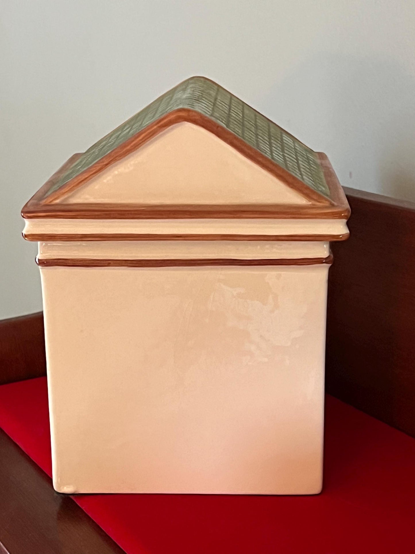Vintage Dansk Portugal Brownstone House Ceramic Cookie Jar Canister Rare Green Roof Lover Antiques and Vintage