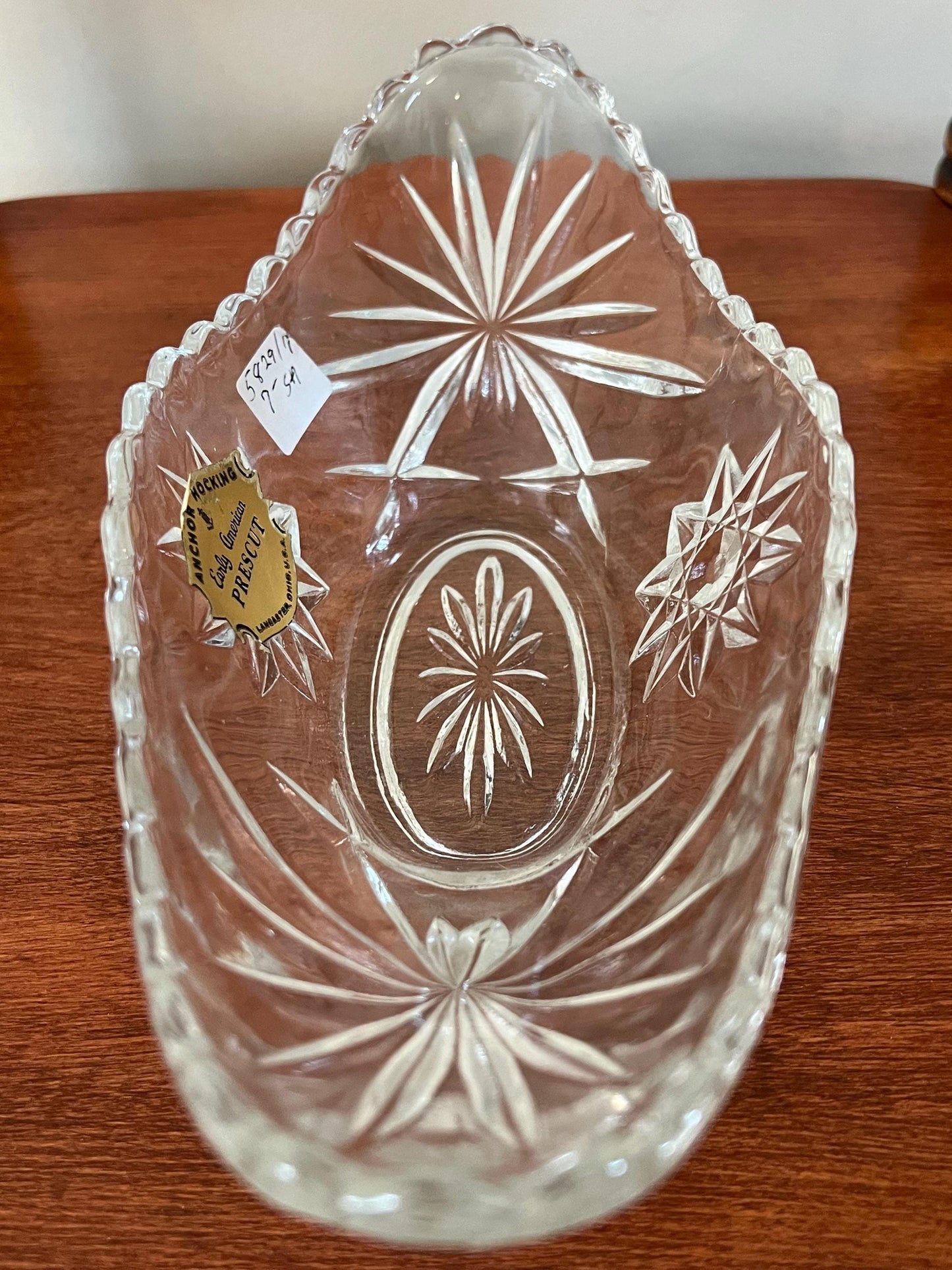 Vintage Anchor Hocking Crystal Cut Gondola Dish Glass Long Bowl Star of David Design Glass Art Lover Antiques and Vintage