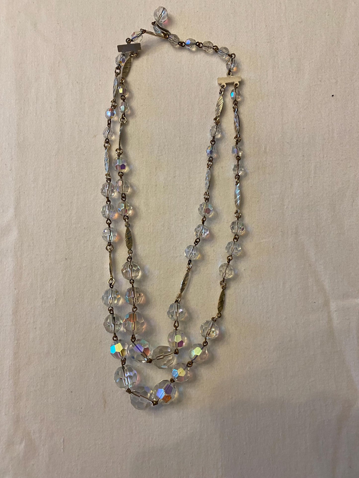 Vintage Aurora Borealis Style Crystals & Gold Necklace Fringe Jewelry Lover Antiques and Vintage