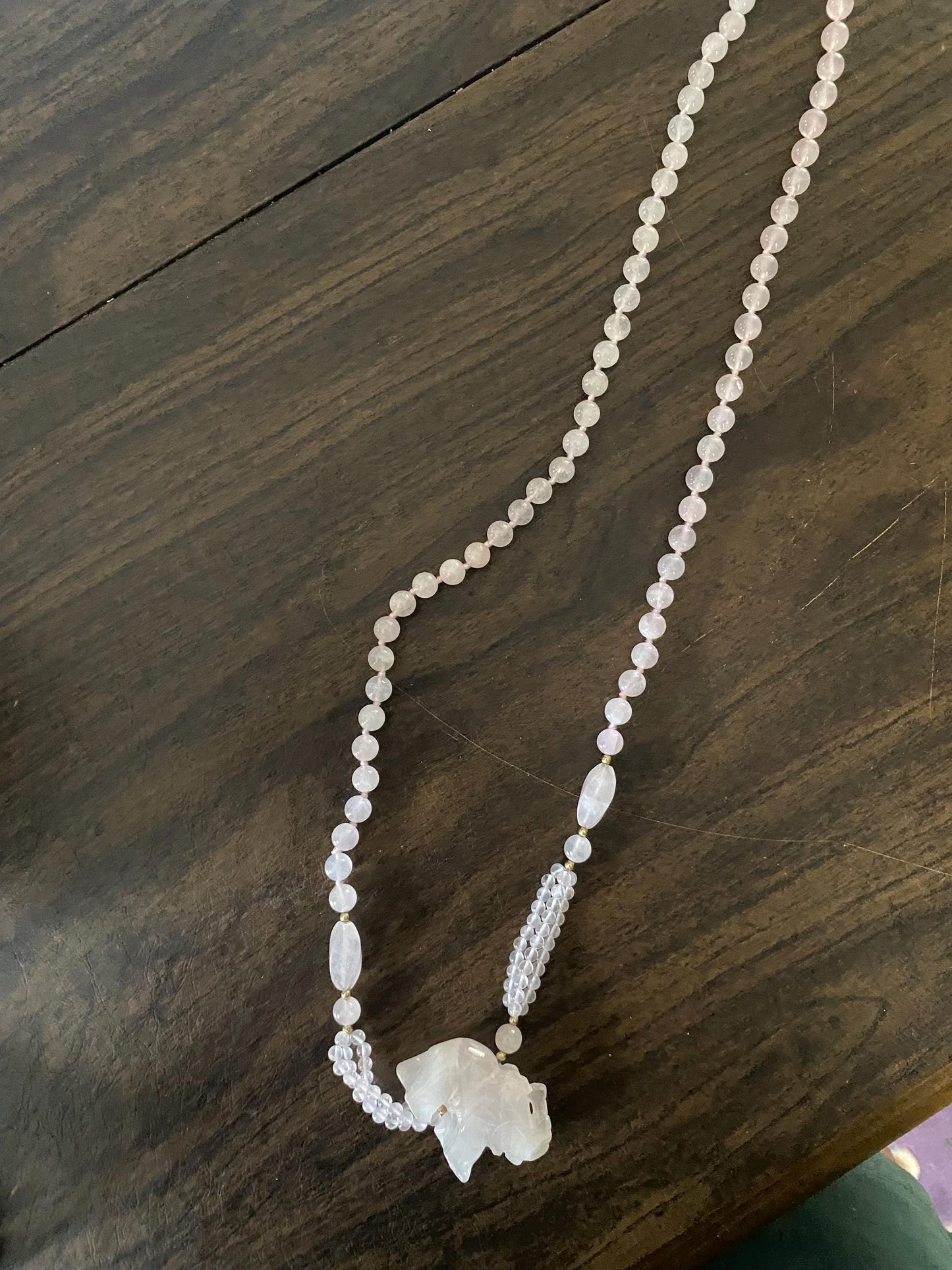 Vintage Light Pink & White Rose Quartz Necklace with Quart Elephant with Trunk Up Unique Gift Opportunity Lover Antiques and Vintage