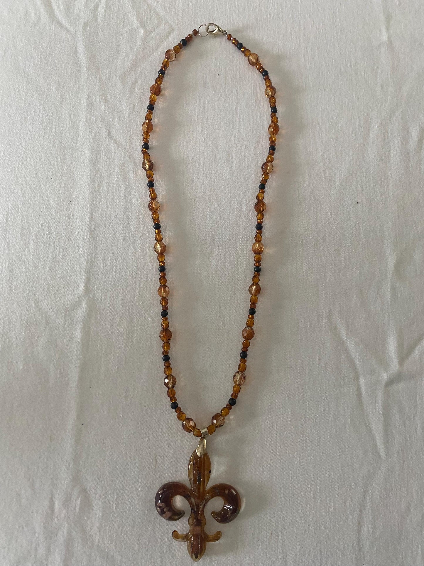 Vintage Amber & Black Beaded with Fleur de Lis Pendant Necklace Unique Gift Opportunity Lover Antiques and Vintage