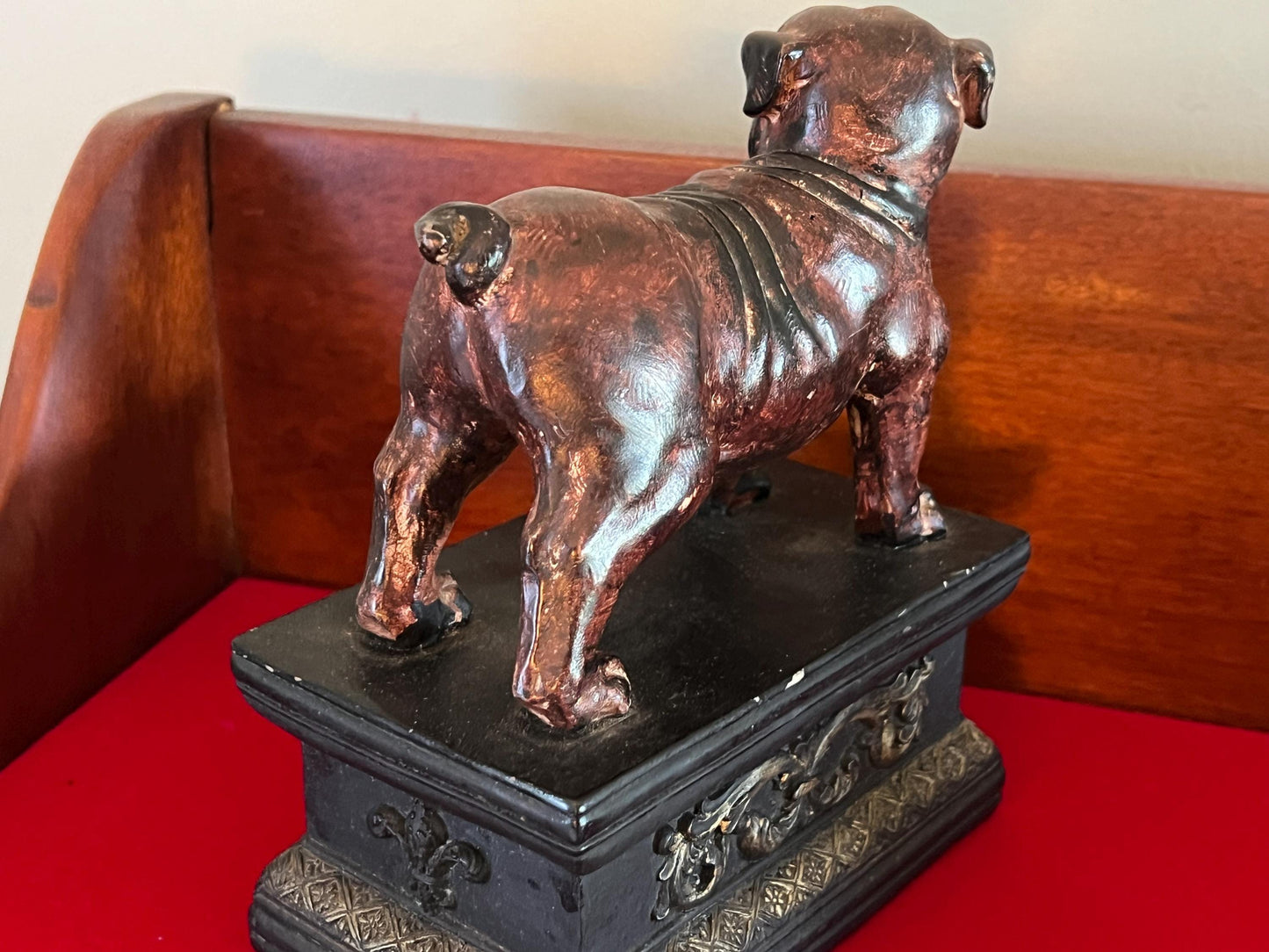 Vintage Bulldog Statue on a Base with Fleur de Lis Stately Brown Figurine on a Stand Lover Antiques and Vintage
