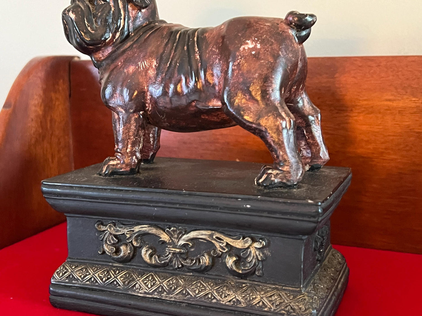 Vintage Bulldog Statue on a Base with Fleur de Lis Stately Brown Figurine on a Stand Lover Antiques and Vintage