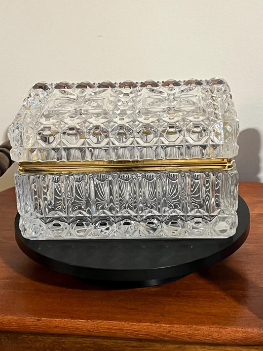 Large French Crystal Brass Jewelry Casket Box Vintage Hand Cut Lead Crystal & Brass Hinged Trinket Box Lover Antiques and Vintage