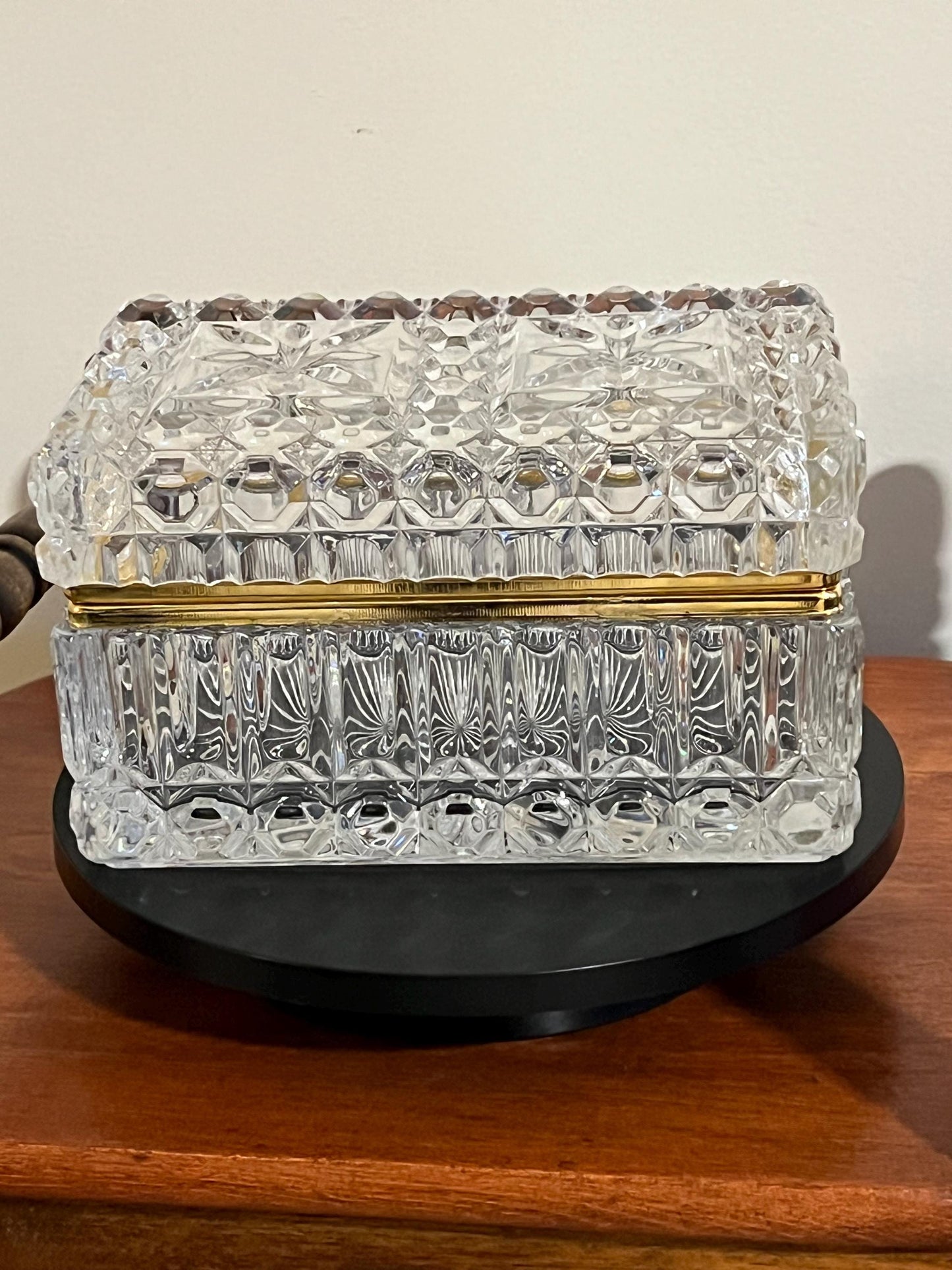 Large French Crystal Brass Jewelry Casket Box Vintage Hand Cut Lead Crystal & Brass Hinged Trinket Box Lover Antiques and Vintage
