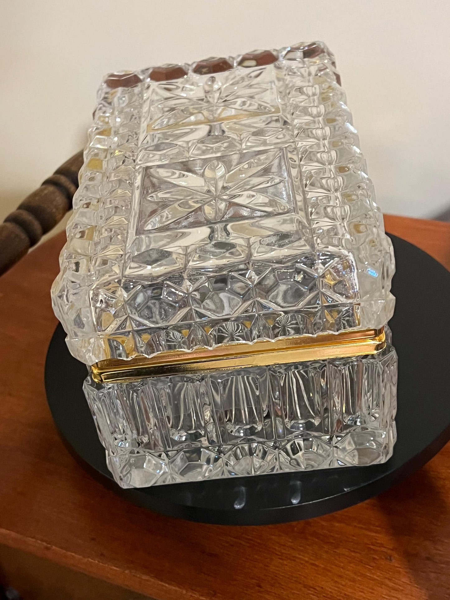 Large French Crystal Brass Jewelry Casket Box Vintage Hand Cut Lead Crystal & Brass Hinged Trinket Box Lover Antiques and Vintage