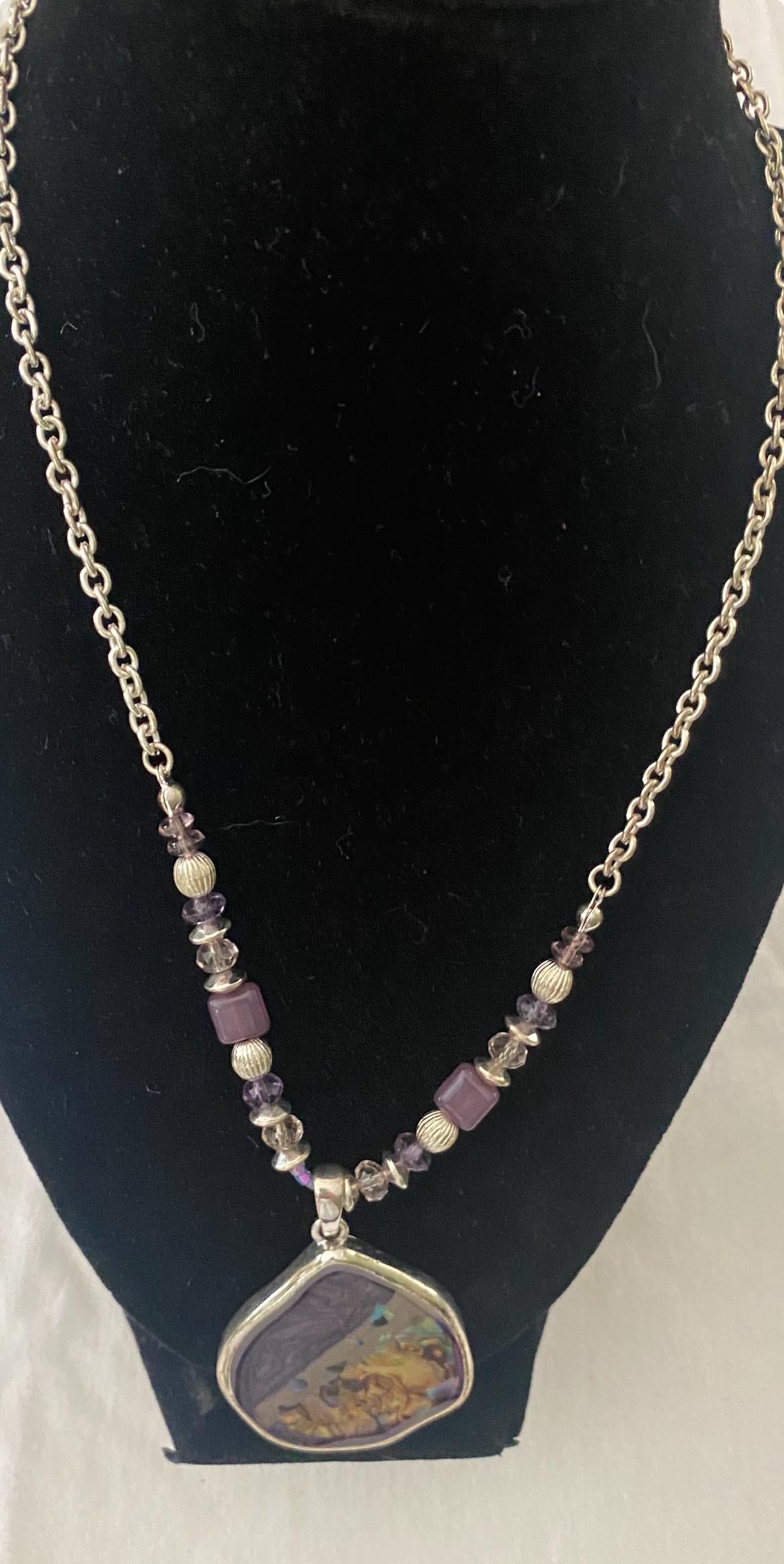 Vintage Silver & Purple Necklace with Abalone Pendant Pretty Jewelry Unique Gifts at Lover Antiques and Vintage