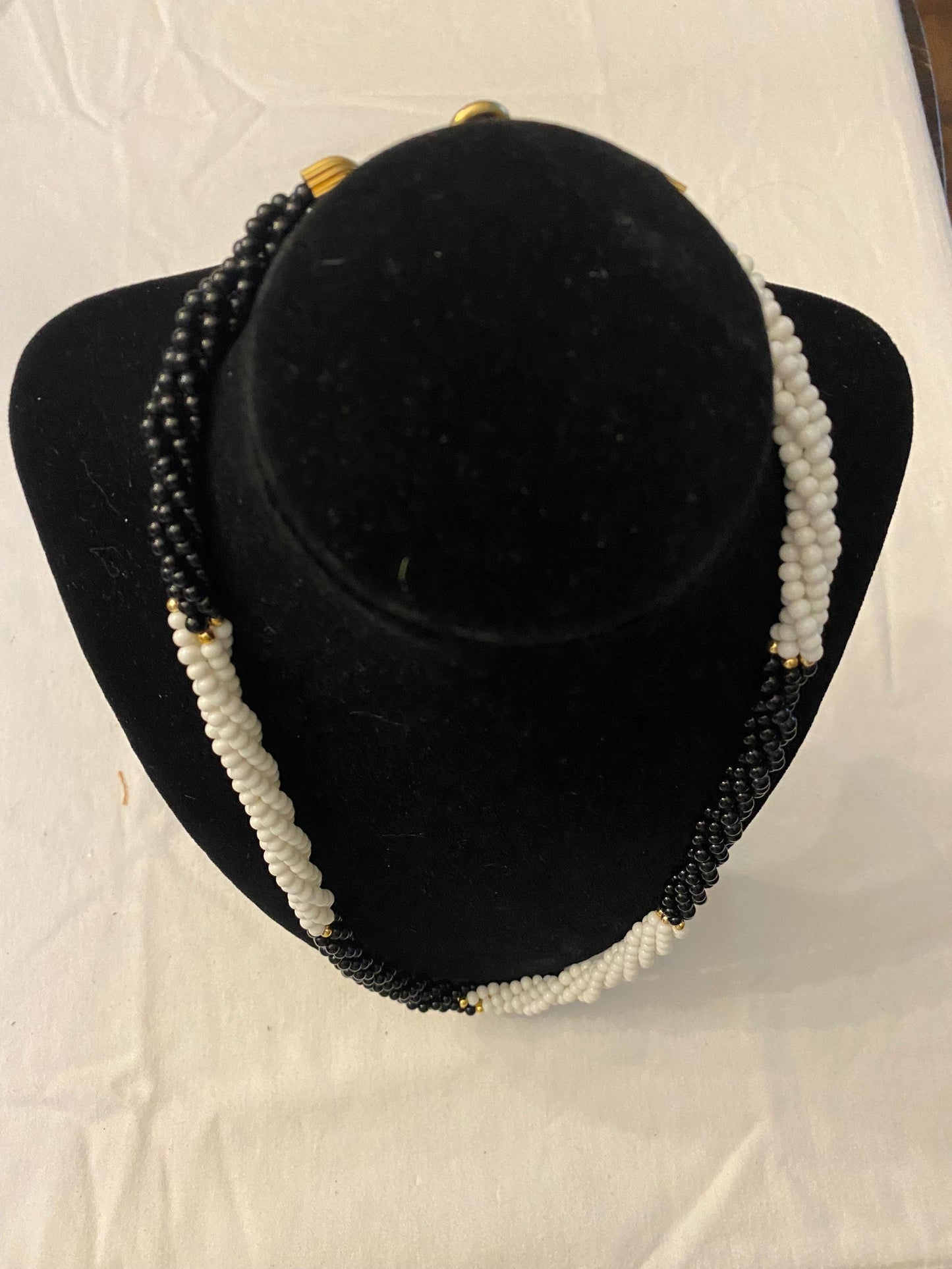 Vintage Black & White Micro Bead Twisted Strand Necklace with Gold Accents Unique Gifts Galore at Lover Antiques and Vintage