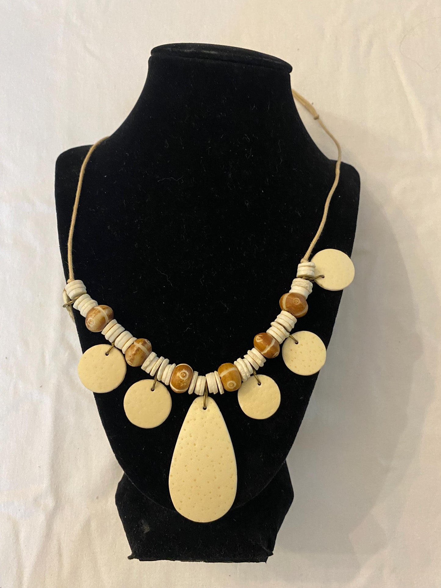 Vintage White African Tribal Style Necklace with Flat Stone Pieces & Beads Unique Gifts Lover Antiques and Vintage