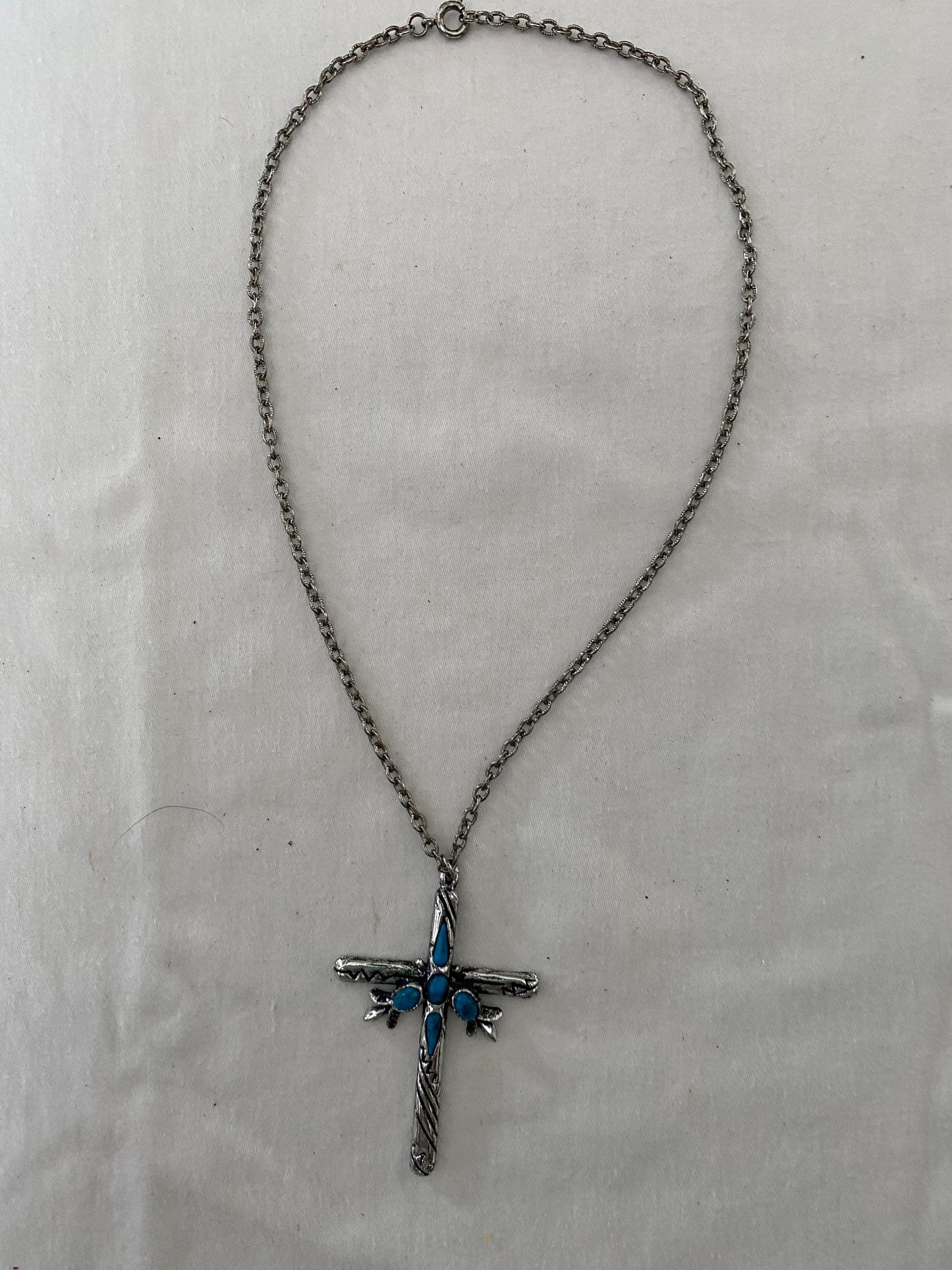 Vintage Turquoise & Silver Cross Necklace Carved Navajo Jewelry Unique Gifts at Lover Antiques and Vintage