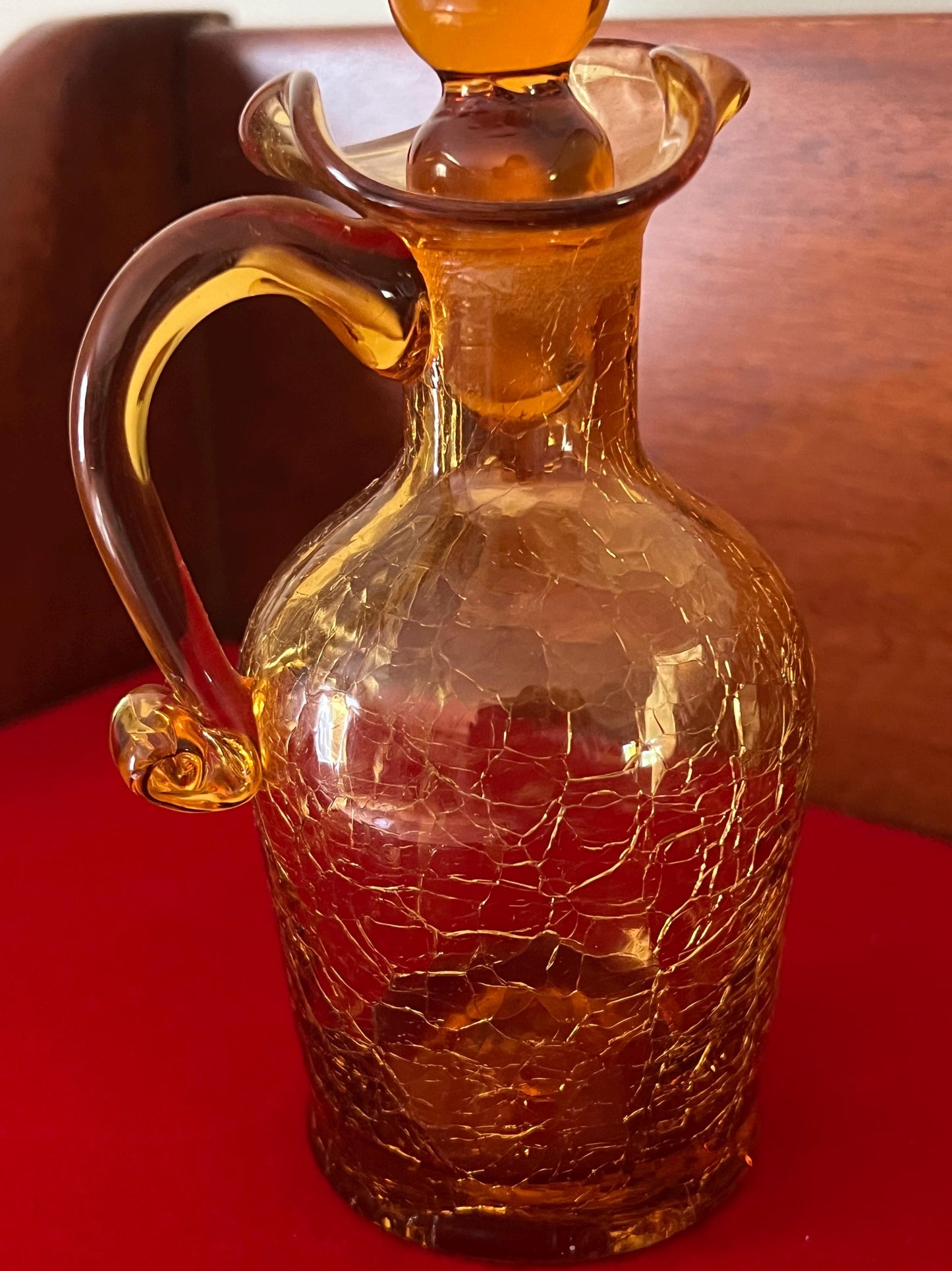 Vintage Amber Crackle Glass Cruet with Double Ball Stopper Mini Pitcher Art Amberina Art Glass Lover Antiques and Vintage