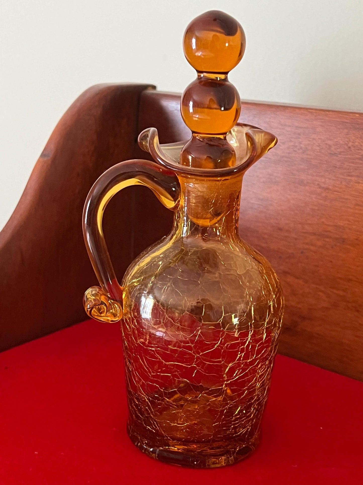 Vintage Amber Crackle Glass Cruet with Double Ball Stopper Mini Pitcher Art Amberina Art Glass Lover Antiques and Vintage