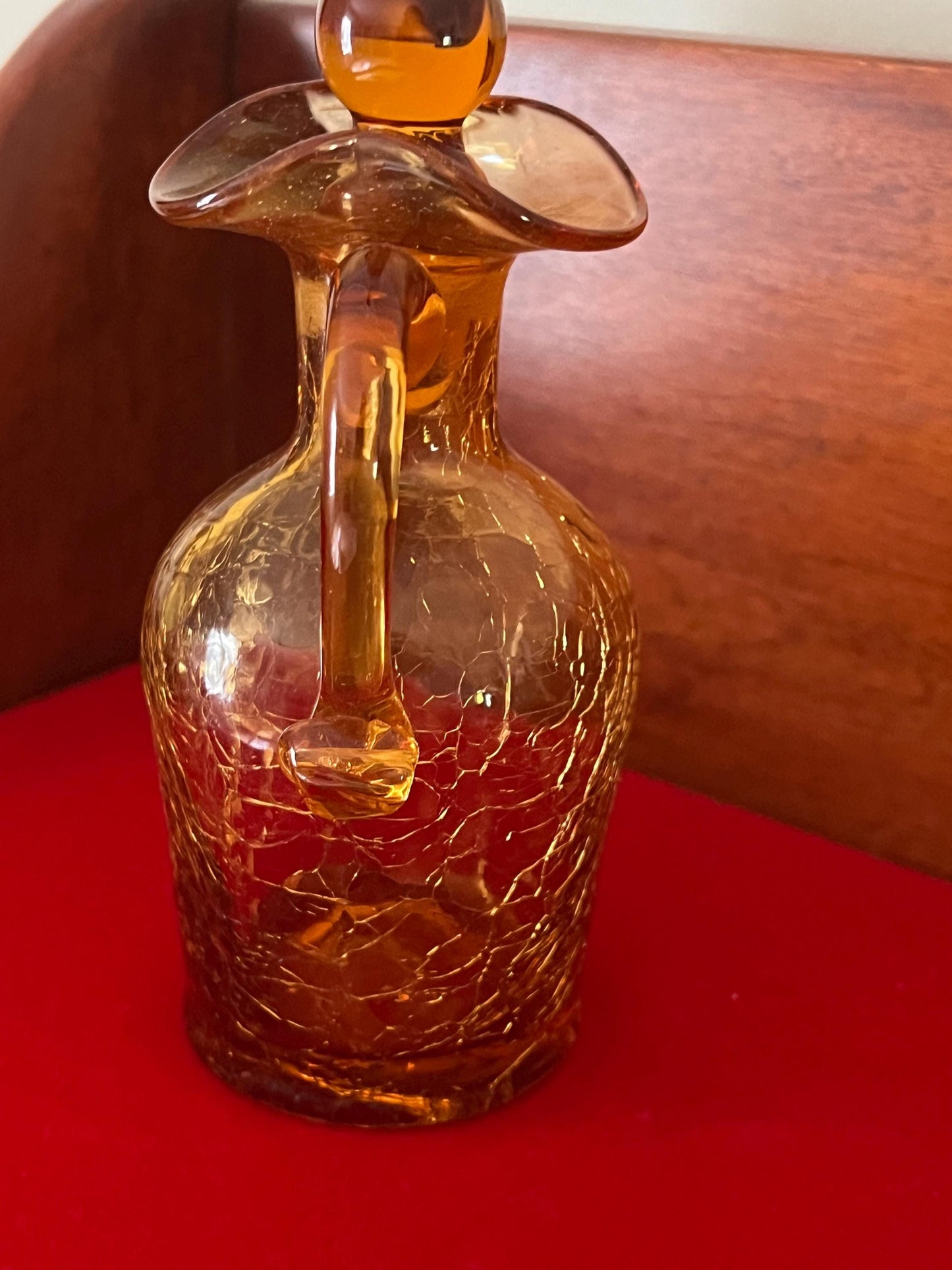 Vintage Amber Crackle Glass Cruet with Double Ball Stopper Mini Pitcher Art Amberina Art Glass Lover Antiques and Vintage