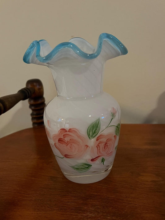 Vintage Fenton Vase Hand Painted with Roses and Ruffled Top Pretty Home Decor Lover Antiques and Vintage