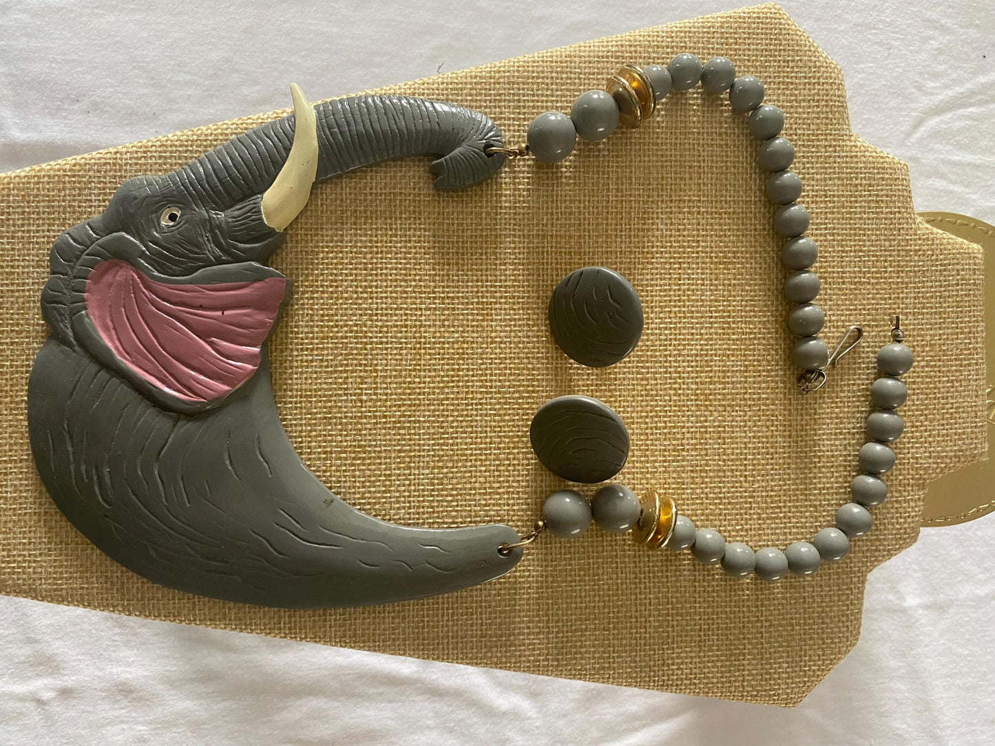 Vintage Elephant Figural BIB & Beaded Statement Resin Necklace and Matching Earrings Jewelry Unique Gifts Lover Antiques and Vintage