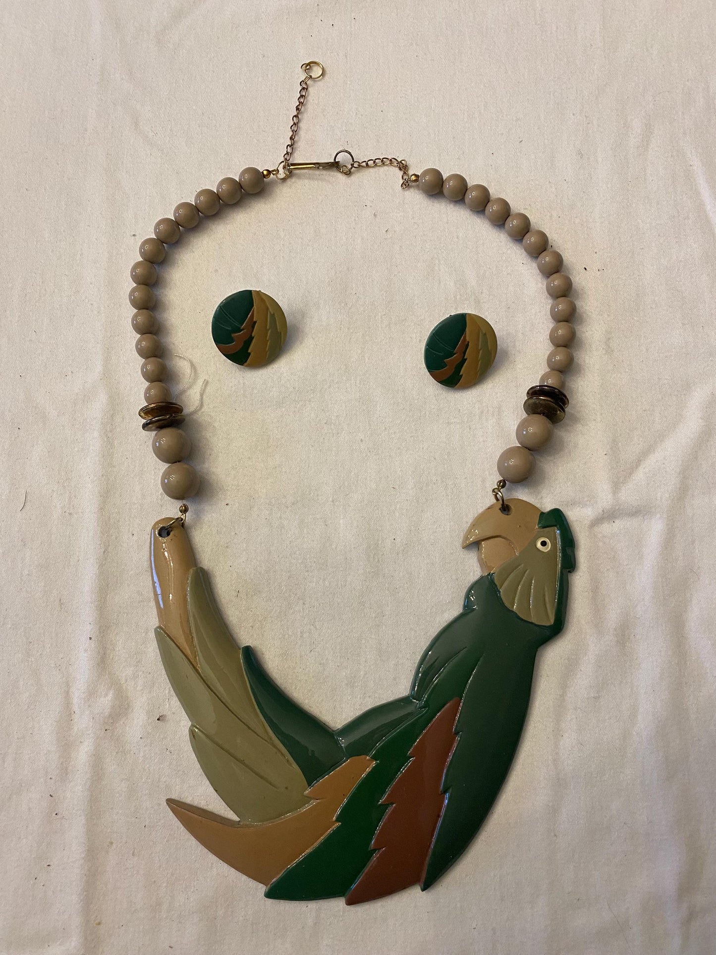Vintage Parrot Figural BIB & Beaded Statement Resin Necklace and Matching Earrings Jewelry Unique Gifts Lover Antiques and Vintage