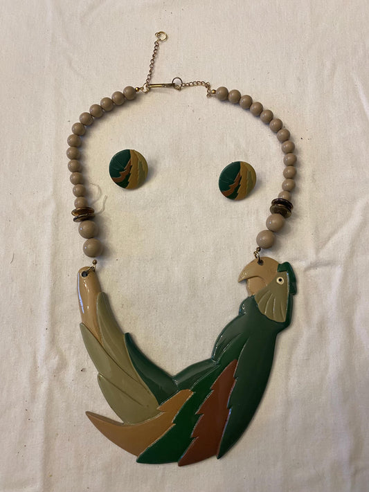 Vintage Parrot Figural BIB & Beaded Statement Resin Necklace and Matching Earrings Jewelry Unique Gifts Lover Antiques and Vintage