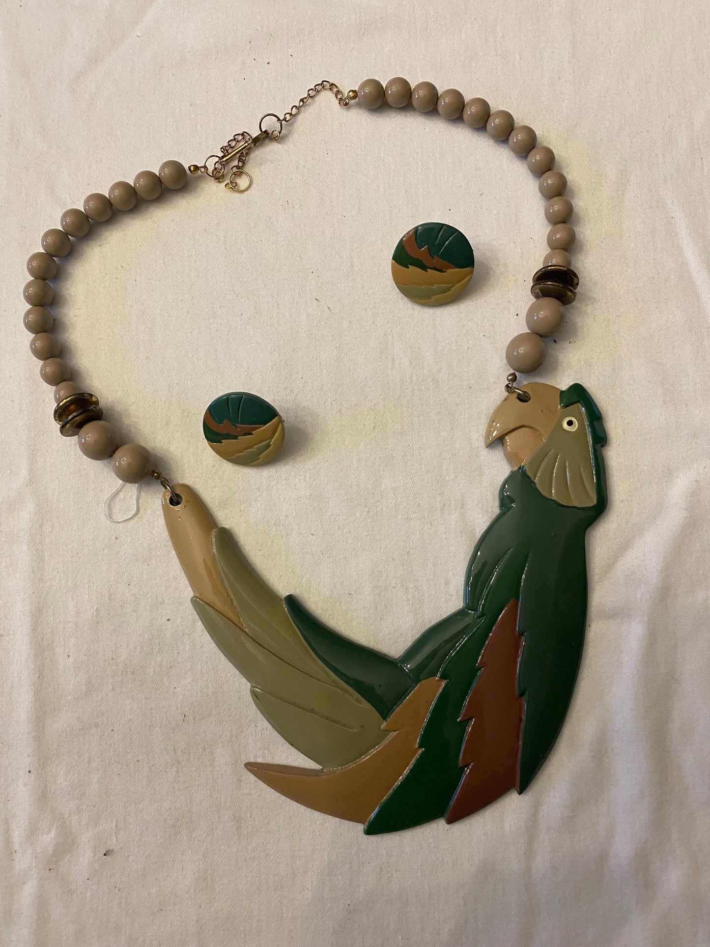 Vintage Parrot Figural BIB & Beaded Statement Resin Necklace and Matching Earrings Jewelry Unique Gifts Lover Antiques and Vintage