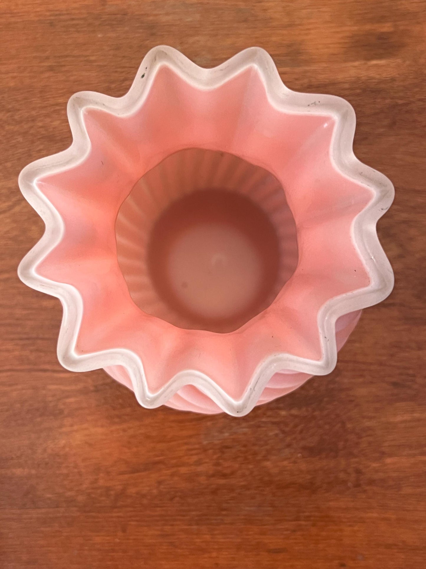 Vintage Sandwich Glass Peach Blow Glass Vase with Swirl Ruffled Top Optic Pink Glass Art Lover Antiques and Vintage
