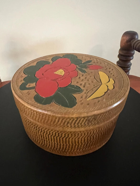 Vintage Wood Asian Set of 8 Wood Coasters in a Wooden Hand Painted Flower & Butterfly Decorative Box Made in Japan Lover Antiques Vintage