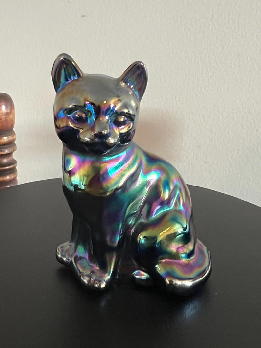 Vintage Fenton Carnival Glass Cat Iridescent Matte Kitty Glass Art Cats Lover Antiques and Vintage