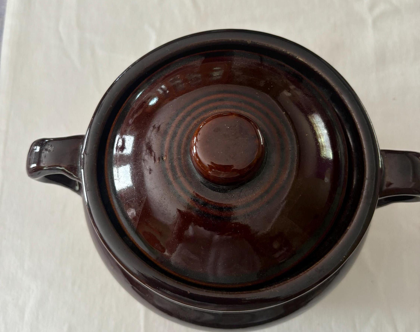 Vintage Monmouth Pottery Double Handle Crock Pot Bean Pot with Cover Lover Antiques and Vintage