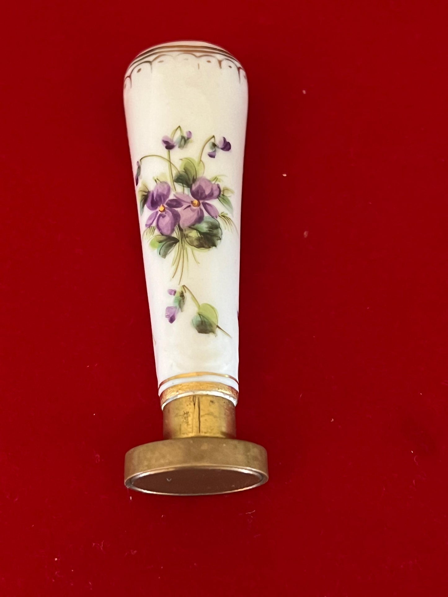 Vintage Hand Painted Purple Flowers Porcelain and Brass Hand Stamp Flowers Stamper Design Lover Antiques and Vintage