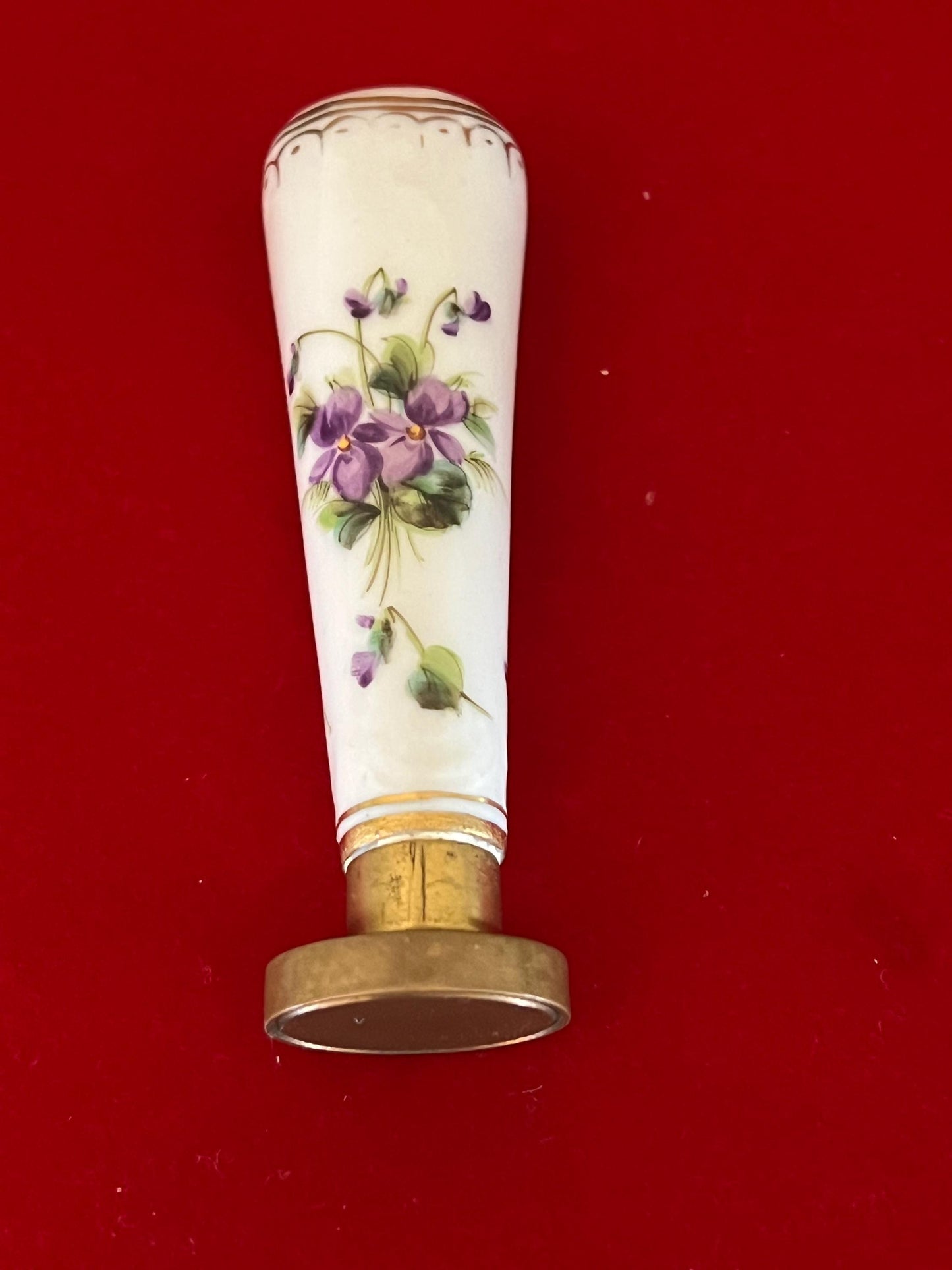 Vintage Hand Painted Purple Flowers Porcelain and Brass Hand Stamp Flowers Stamper Design Lover Antiques and Vintage