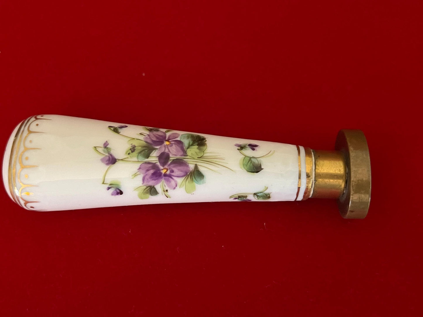 Vintage Hand Painted Purple Flowers Porcelain and Brass Hand Stamp Flowers Stamper Design Lover Antiques and Vintage
