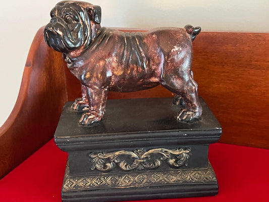 Vintage Bulldog Statue on a Base with Fleur de Lis Stately Brown Figurine on a Stand Lover Antiques and Vintage
