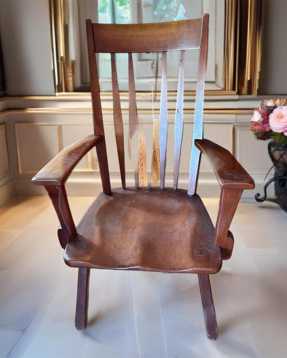 Vintage Cushman Colonial Creations Salem Wood Seat Chair No. 9082 Big Rustic Lake House High Back Chair Lover Antiques and Vintage