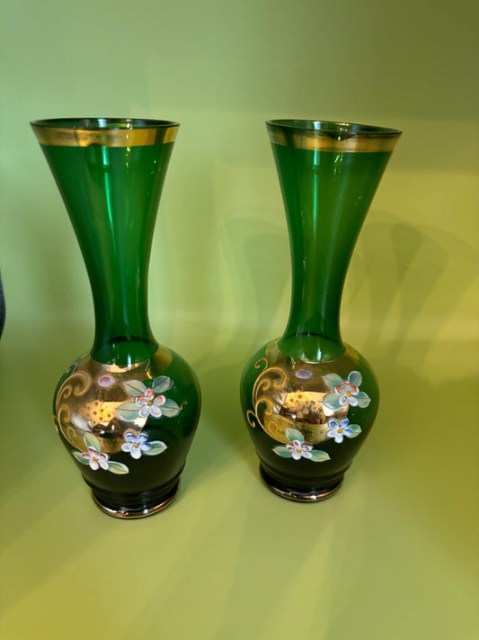 Vintage Pair of Giftcraft Emerald Green Vases with Flowers and Gold Gilding Lover Antiques and Vintage