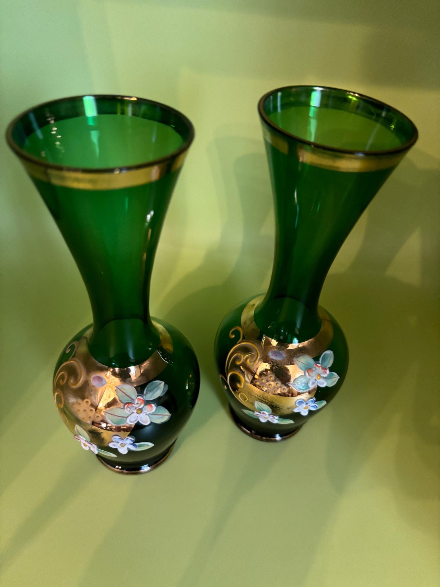Vintage Pair of Giftcraft Emerald Green Vases with Flowers and Gold Gilding Lover Antiques and Vintage