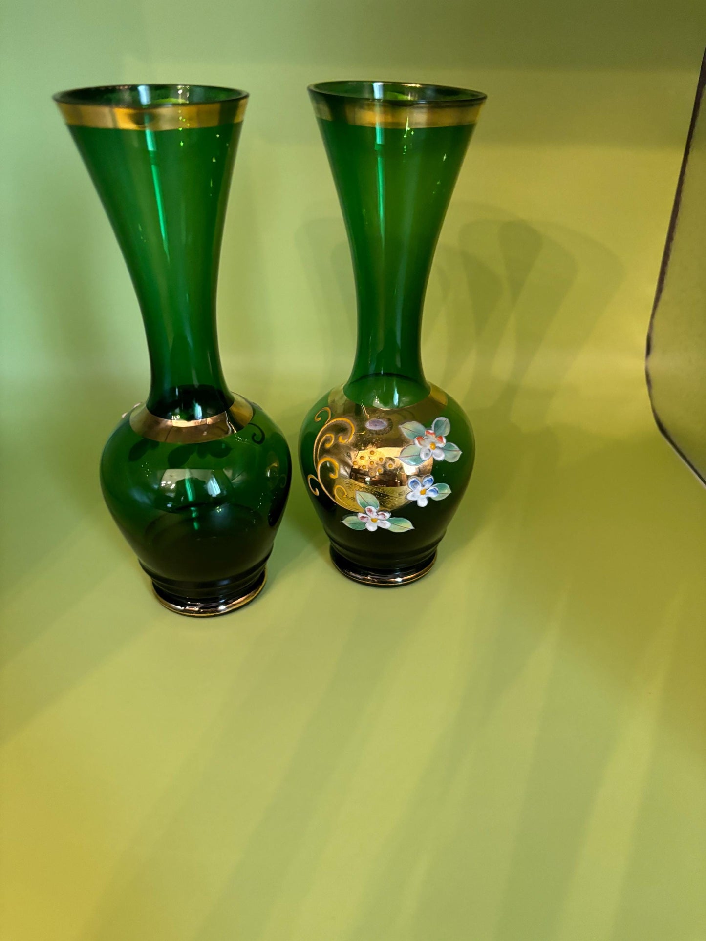 Vintage Pair of Giftcraft Emerald Green Vases with Flowers and Gold Gilding Lover Antiques and Vintage