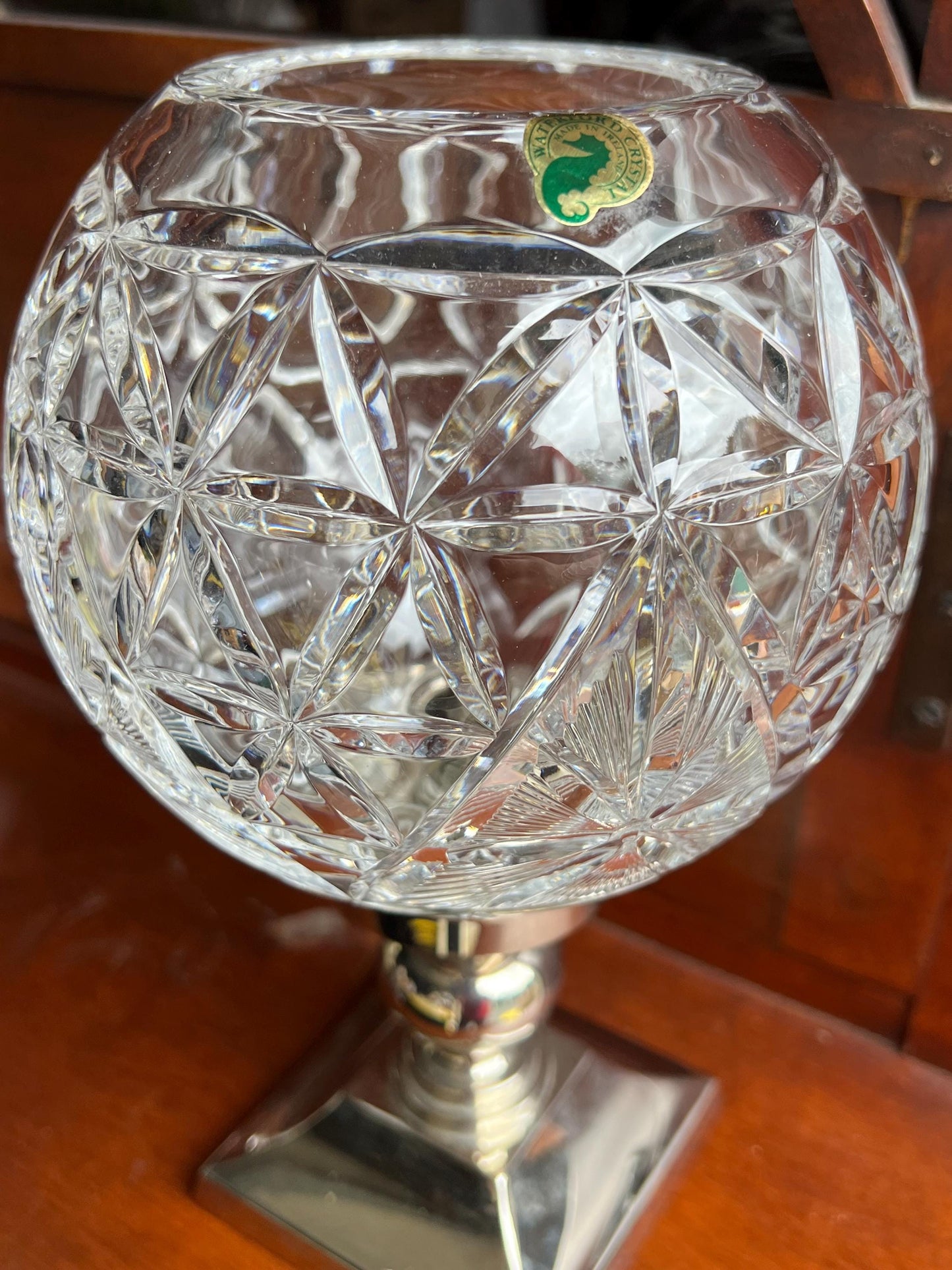 Vintage Waterford Crystal Hurricane Lamp & Metal Candle Holder Base Glass Globe Star of Hope Elegant Gifts at Lover Antiques and Vintage