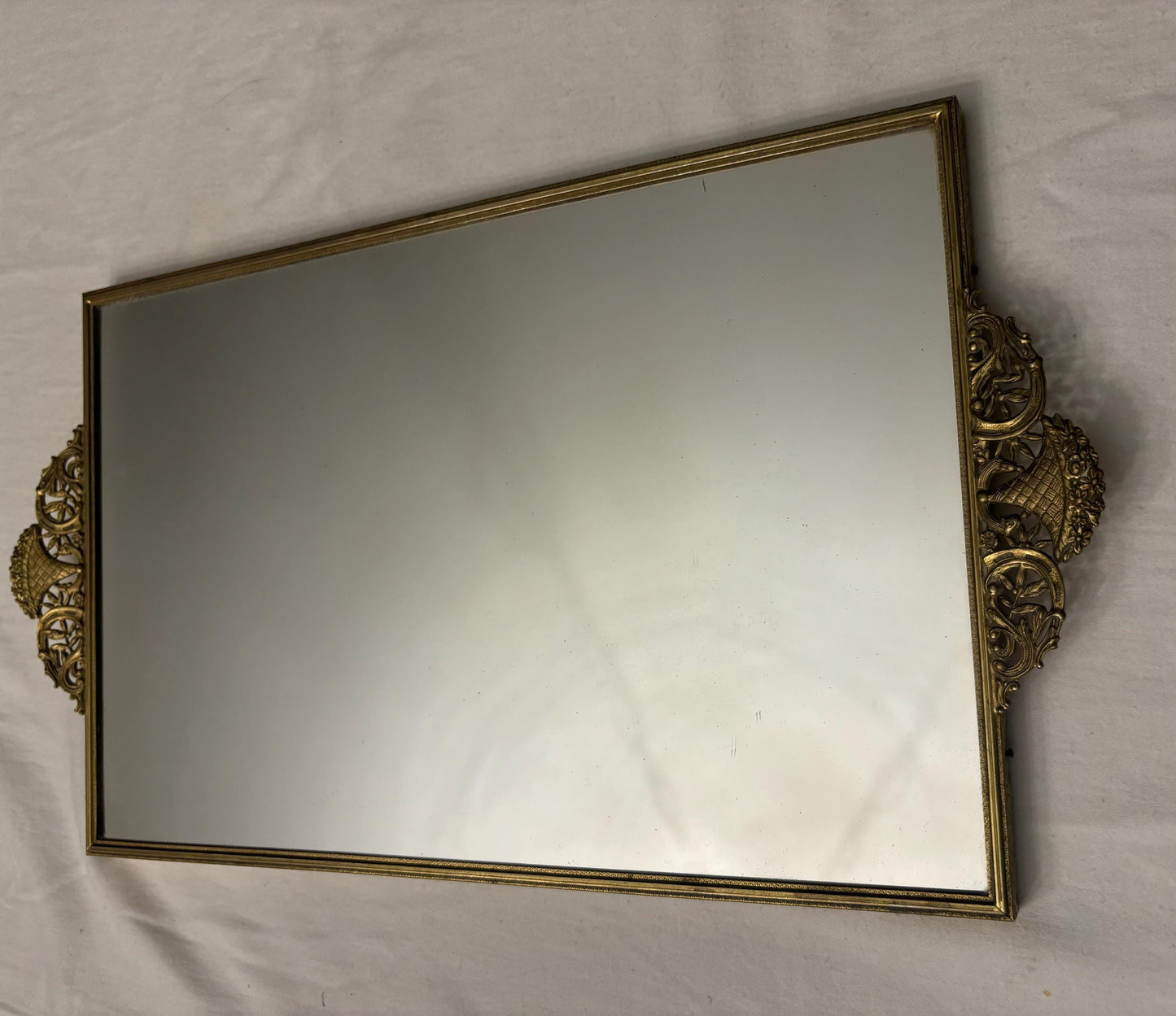 Vintage Gold Filagree Large Rectangular Mirror For Dresser Tray with Flower Design Handles Lover Antiques and Vintage