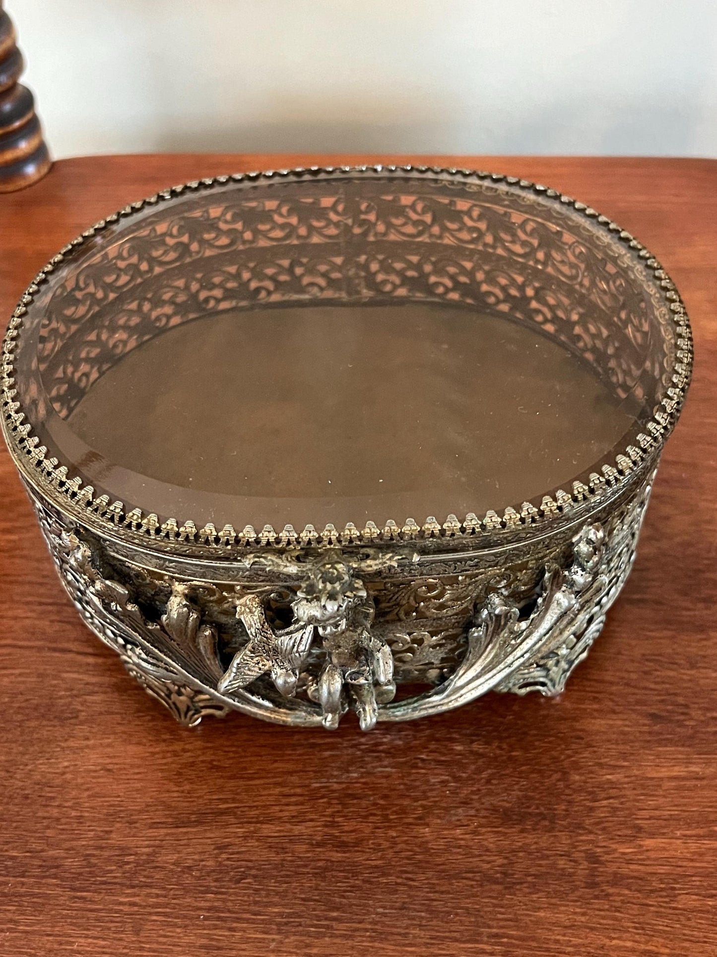 Stylebuilt Angel Trinket Box Gold Filigree Beveled Glass Hollywood Regency Ormolu Casket Footed Jewelry Box Lover Antiques and Vintage