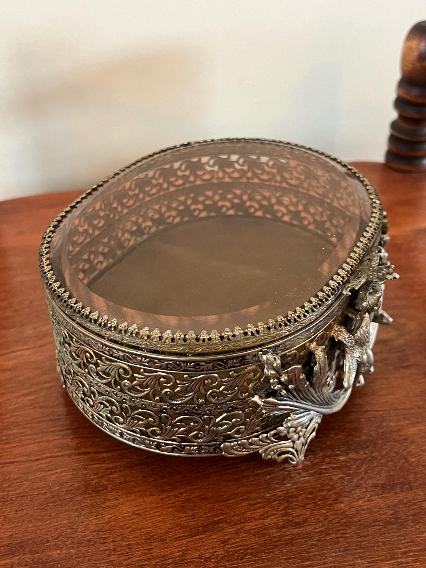 Stylebuilt Angel Trinket Box Gold Filigree Beveled Glass Hollywood Regency Ormolu Casket Footed Jewelry Box Lover Antiques and Vintage