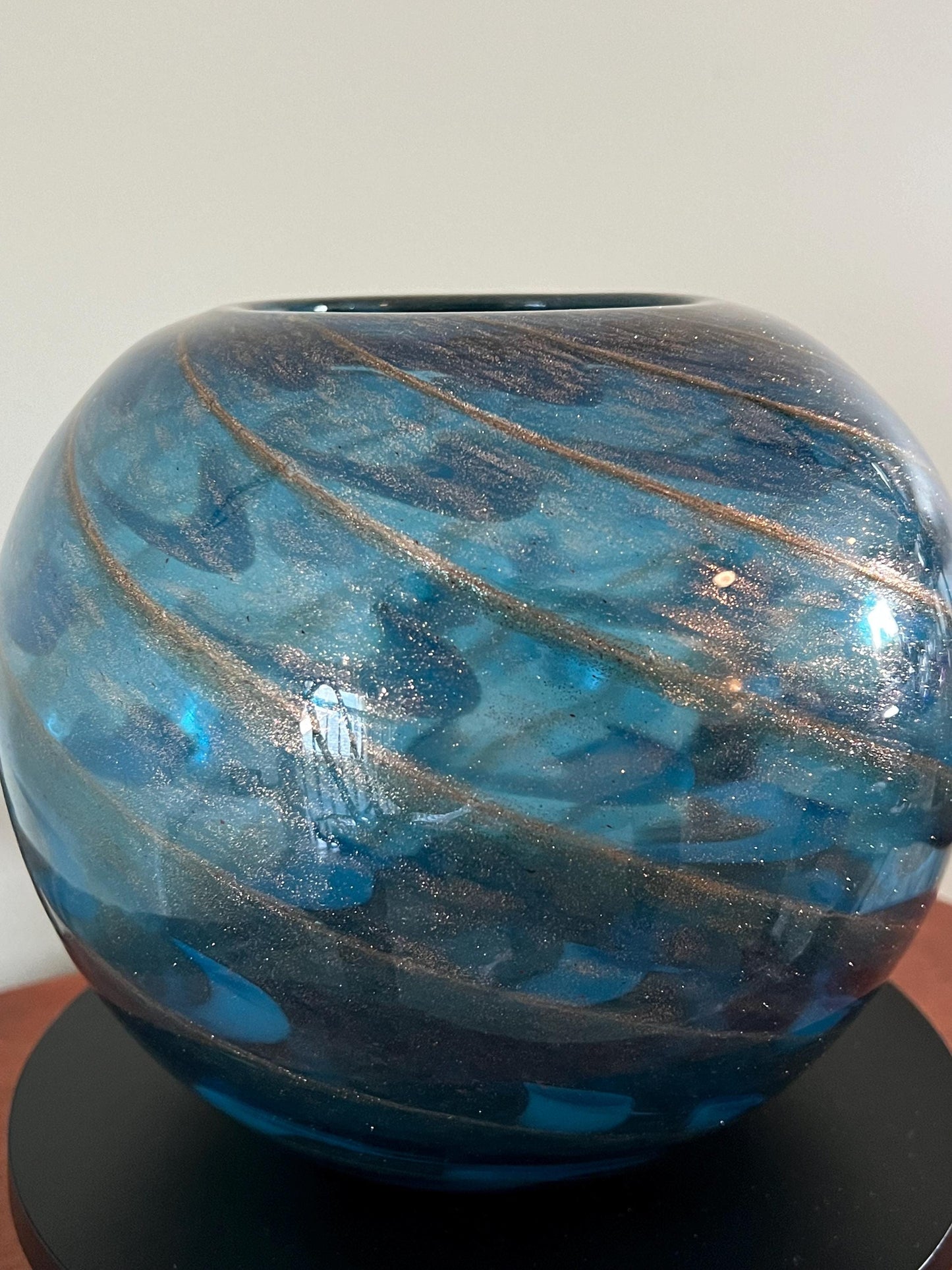 Vintage Murano Blue Glass Vase Attributed to Fratelli Toso with Blue Bronze and Aventurine Low Profile Vase Lover Antiques and Vintage