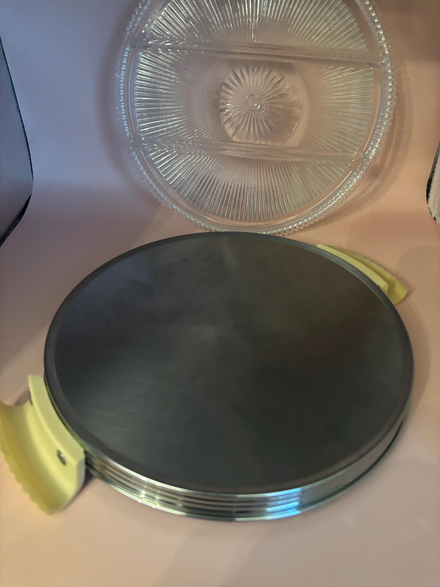 Vintage Glass and Pewter Platter with Green Handles and Top Lid Lover Antiques and Vintage