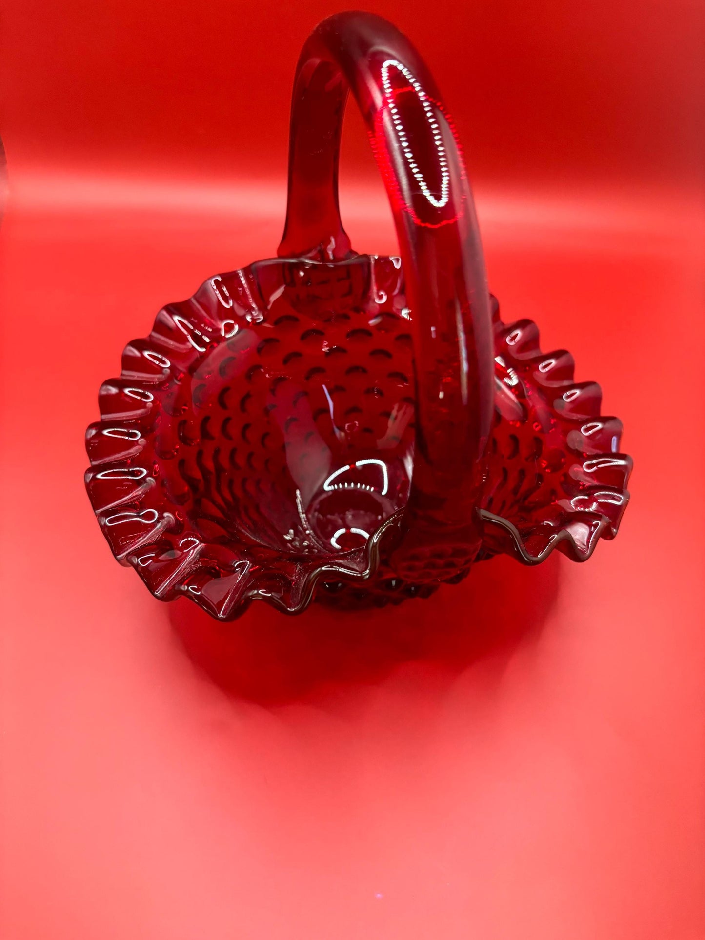 Vintage Fenton Ruby Red Hobnail Fluted Glass Basket with Handle Great Gifts at Lover Antiques and Vintage